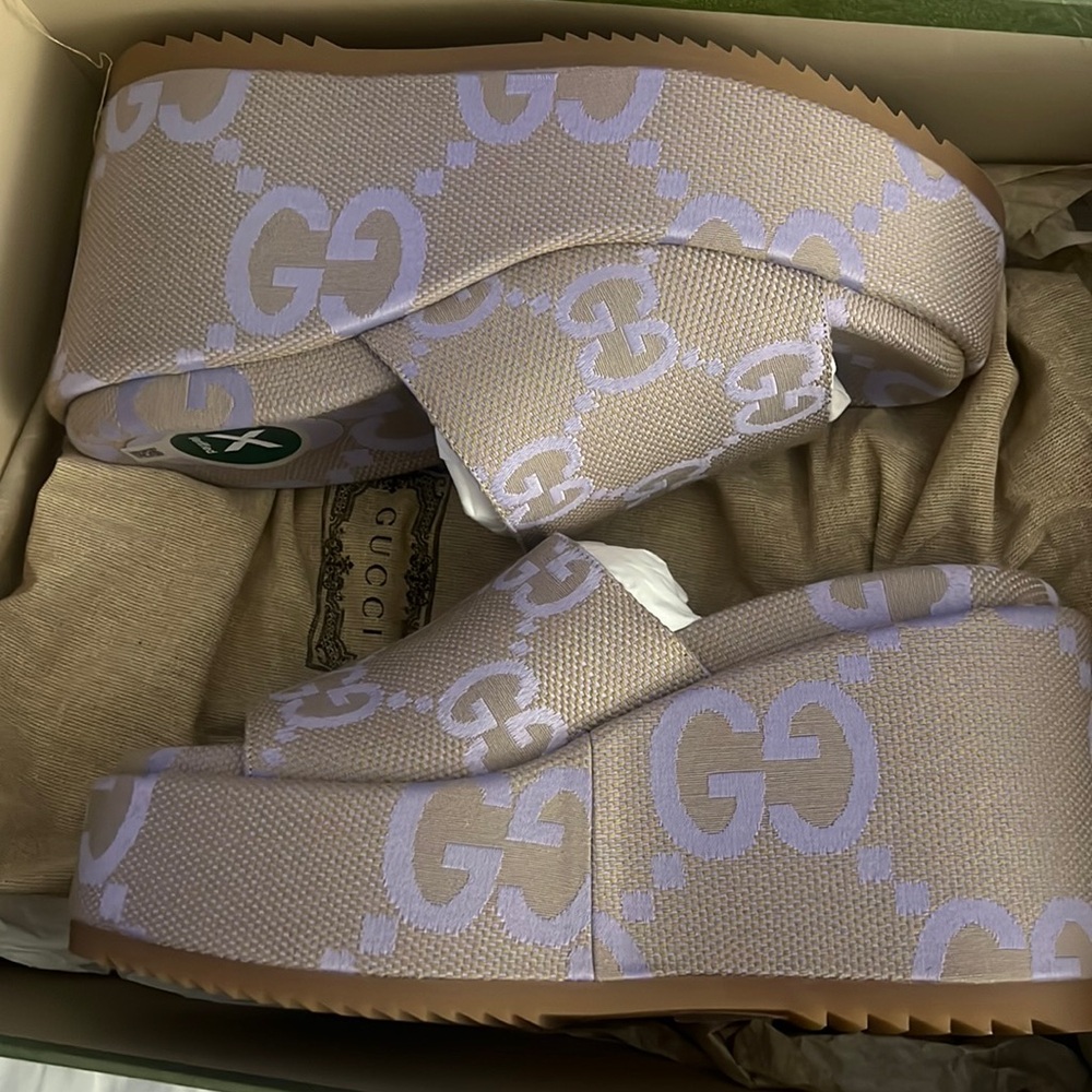 Gucci Monogram Jumbo GG Platform Slide Wedge Sandals.